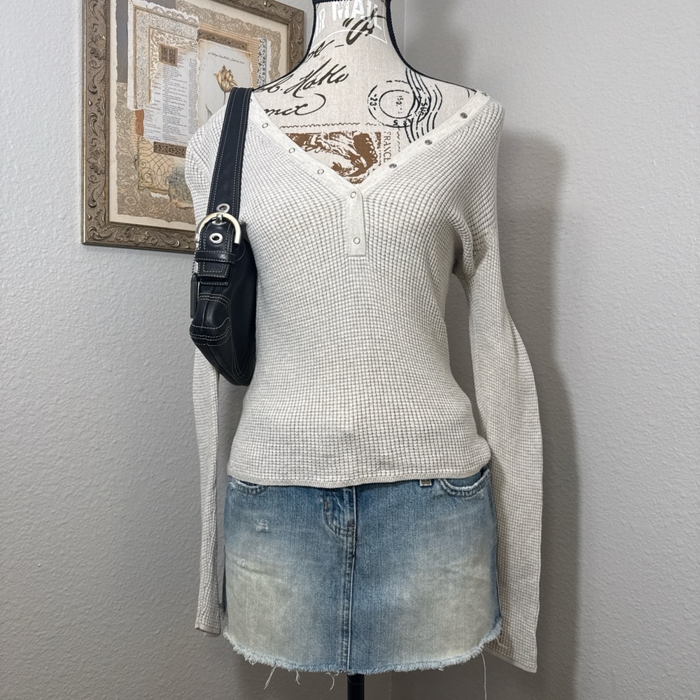 Margaret O’Leary Cream Waffle Knit Snap Button Henley Top Women’s Size Small